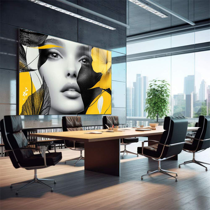 Quadro Decorativo Mulher sobre tons Amarelados - quadros decorativos 1 Tela, 1 Tela Horizontal - em sala moderna