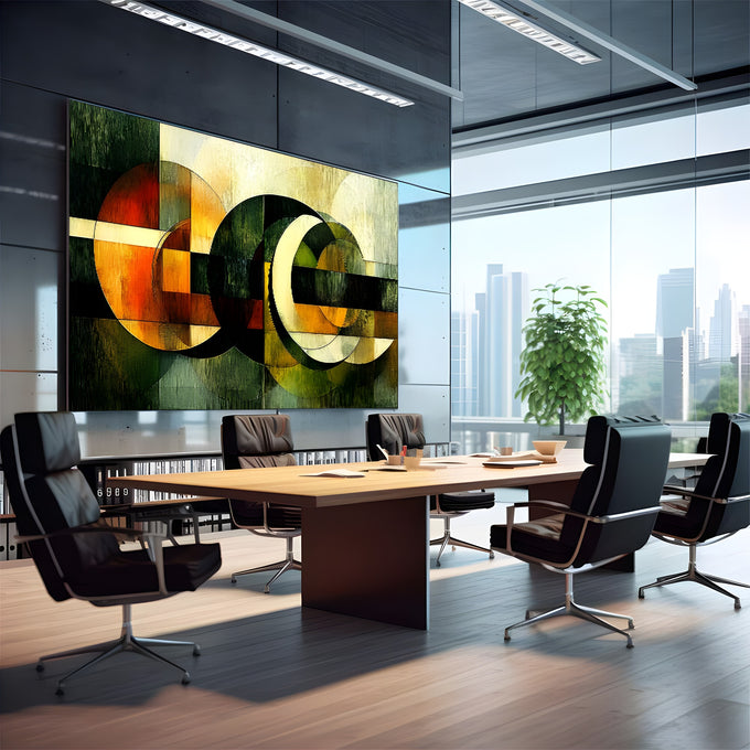 Círculos e anéis geométricos abstratos em verde, laranja, amarelo e preto, quadro decorativo