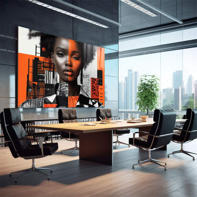 Quadro Decorativo Mulher Abstrato Laranja - quadros decorativos 1 Tela, 1 Tela Horizontal - em sala moderna