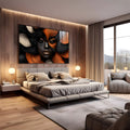 Rosto de mulher negra com cabelos abstratos em preto, laranja e bege texturizado, quadro decorativo
