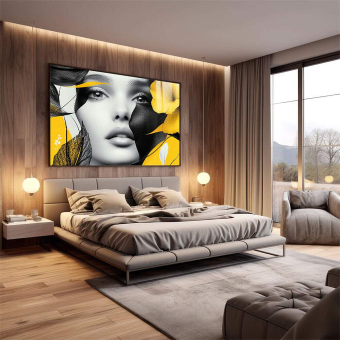 Quadro Decorativo Mulher sobre tons Amarelados - quadros decorativos para sala 1 Tela, 1 Tela Horizontal - em quarto contemporaneo