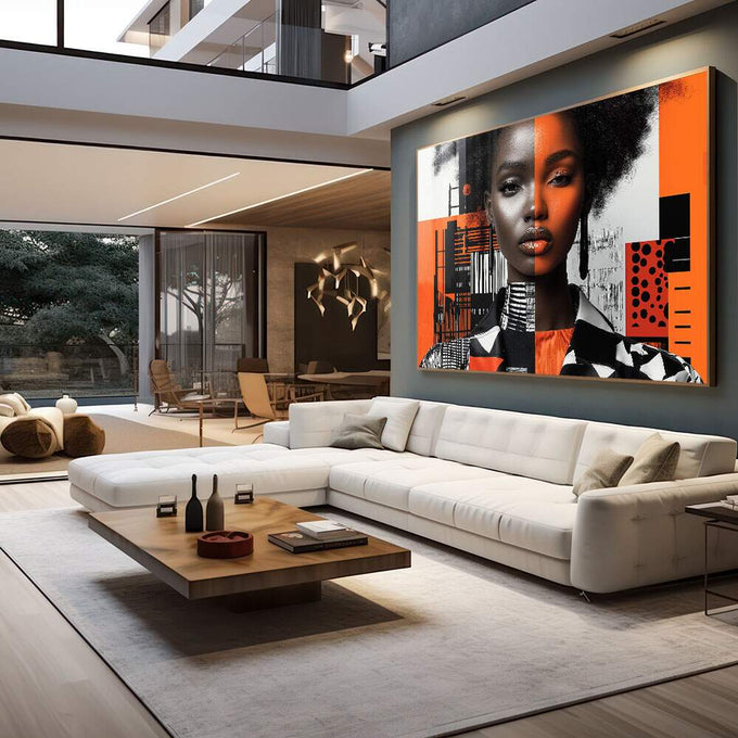 Quadro Decorativo Mulher Abstrato Laranja - quadros decorativos 1 Tela, 1 Tela Horizontal - em escritorio elegante