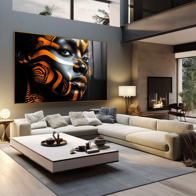 Quadro Decorativo Mulher em Tons Laranjas - quadros decorativos 1 Tela, 1 Tela Horizontal - em escritorio elegante