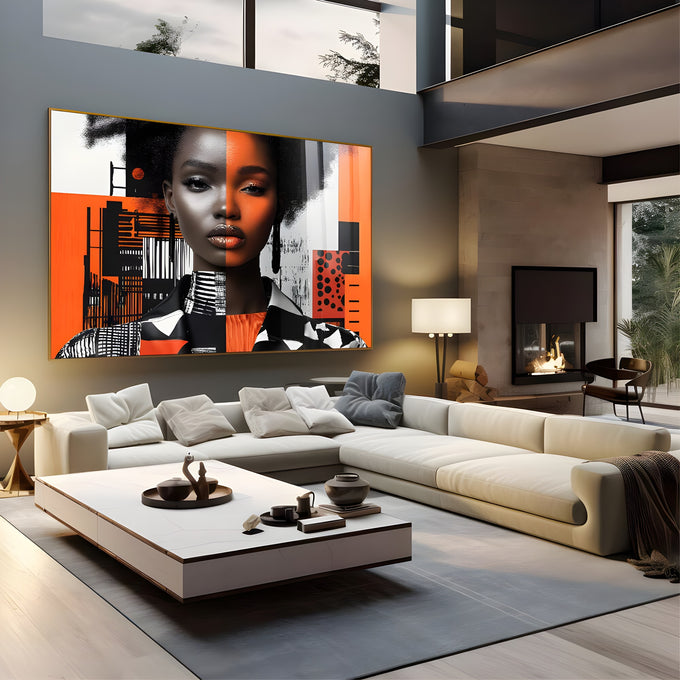 Retrato de mulher negra de cabelo afro com rosto dividido e colagem geométrica laranja, quadro decorativo