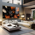 Rosto de mulher negra com cabelos abstratos em preto, laranja e bege texturizado, quadro decorativo