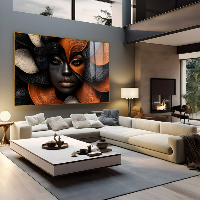 Rosto de mulher negra com cabelos abstratos em preto, laranja e bege texturizado, quadro decorativo