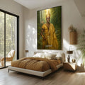 Quadro Decorativo Orixá Logunedé: Luz e Equilíbrio | quadros decorativos para sala | Figura em ouro com coroa em floresta verde profunda, composição realista e majestosa | Porao dos Quadros
