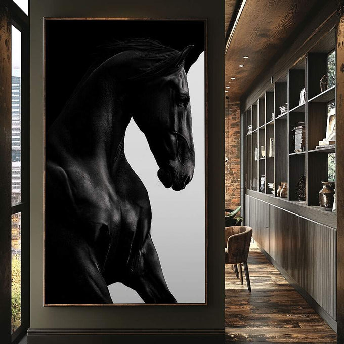 Quadro Decorativo Cavalo Elegante em Preto e Branco | quadros decorativos para sala | Cavalo preto majestoso em perfil com crina ao vento contra fundo branco. | Porao dos Quadros