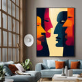 Quadro Decorativo Diálogo dos Sentidos | quadros decorativos para sala | Quatro perfis de rostos em laranja, azul, rosa e amarelo com composição geométrica abstrata | Porao dos Quadros