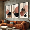 Quadro Decorativo Abstrato Tranquilidade | quadros decorativos para sala | Composição triptíca abstrata com círculos em terracota, bege e preto com linhas geométricas delicadas. | Porao dos Quadros