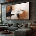 Quadro Decorativo Abstrato Laranja e Preto | quadros decorativos para sala | Pintura abstrata com tons de marrom, laranja e branco em composição dinâmica com gestos soltos | Porao dos Quadros