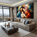 Quadro Decorativo Sagrada Família Moderna | quadros decorativos para sala | Sagrada Família em composição geométrica abstrata com triângulos em tons de azul, laranja e dourado. | Porao dos Quadros