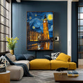 Quadro Decorativo Beleza Noturna | quadros decorativos para sala | Big Ben iluminado sob céu azul noturno com espirais douradas e estrelas brilhantes. | Porao dos Quadros