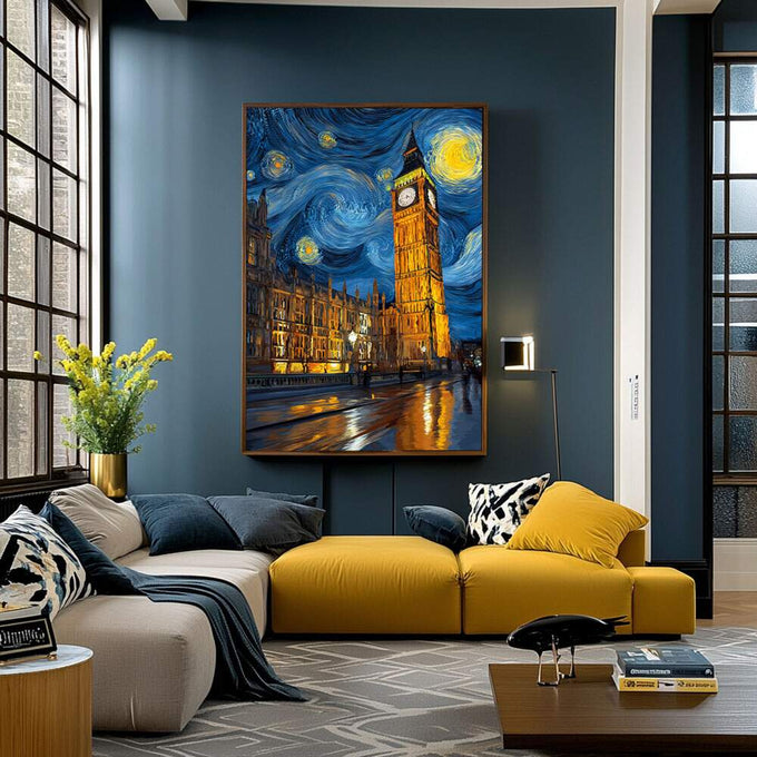 Quadro Decorativo Beleza Noturna | quadros decorativos para sala | Big Ben iluminado sob céu azul noturno com espirais douradas e estrelas brilhantes. | Porao dos Quadros