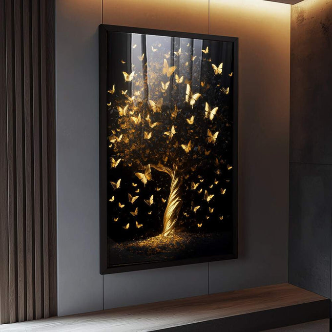 Quadro Decorativo Árvore Elegante em Dourado | quadros decorativos para sala | Árvore dourada com borboletas douradas ascendendo em fundo preto escuro. | Porao dos Quadros