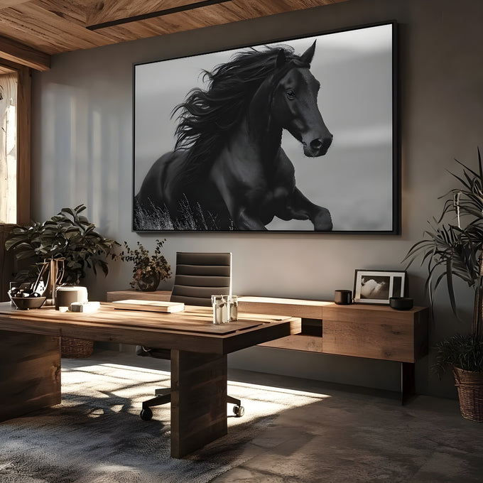 Cavalo negro com crina esvoaçante ao vento em fotografia preto e branco, quadro decorativo