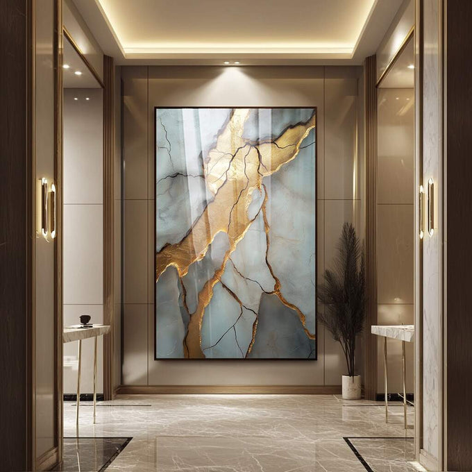 Quadro Decorativo Mármore com Detalhes em Dourado | quadros decorativos para sala | Abstração com veios dourados rasgando tons cinzentos e azulados em composição elegante | Porao dos Quadros
