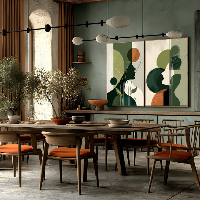 Perfis femininos em formas abstratas verdes com círculos laranja e traços botânicos, quadro decorativo