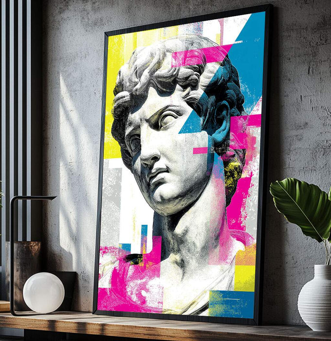 Quadro Decorativo Moderno - Busto Clássico | quadros decorativos para sala | Busto clássico em cinza com fundo geométrico em amarelo, magenta e azul vibrantes | Porao dos Quadros