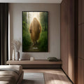 Orixá Omolu coberto de palha caminhando em trilha de floresta verde com luz dourada, quadro decorativo