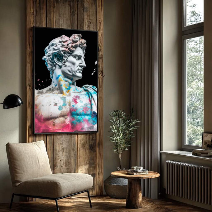 Quadro Decorativo Bustos Clássicos e Modernos | quadros decorativos para sala | Busto clássico em branco com aguarela rosa, azul e amarelo em composição contemporânea. | Porao dos Quadros
