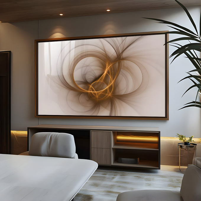 Linhas curvas douradas em espiral fluida sobre fundo bege claro, arte abstrata quadro decorativo
