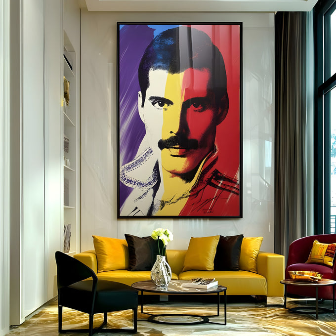 Retrato pop art de homem de bigode em faixas roxa, amarela e vermelha, quadro decorativo