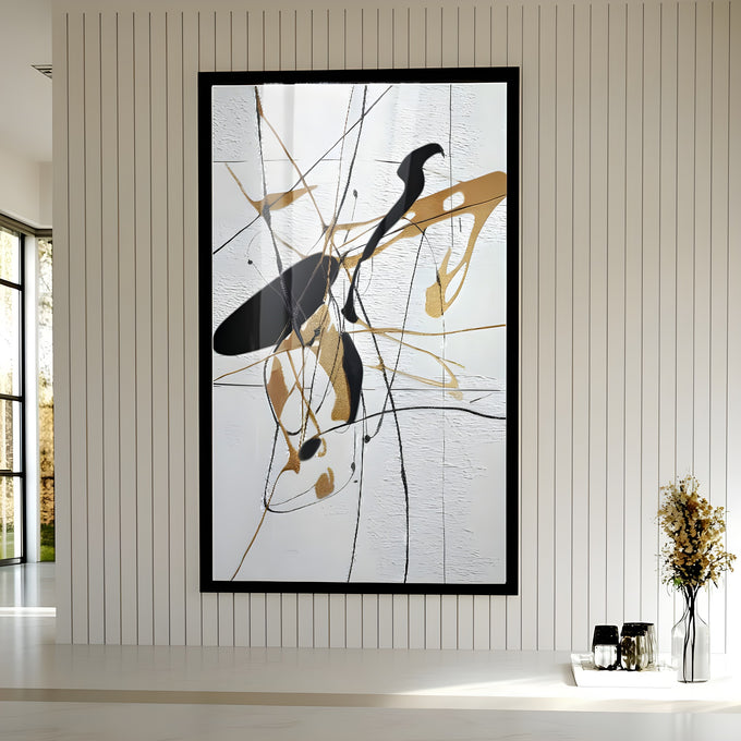 Pintura abstrata com respingos e linhas preto e dourado sobre fundo branco texturizado, quadro decorativo