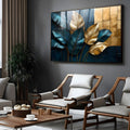 Folhas tropicais azul petróleo e douradas em relevo sobre ladrilhos azuis e dourados, quadro decorativo