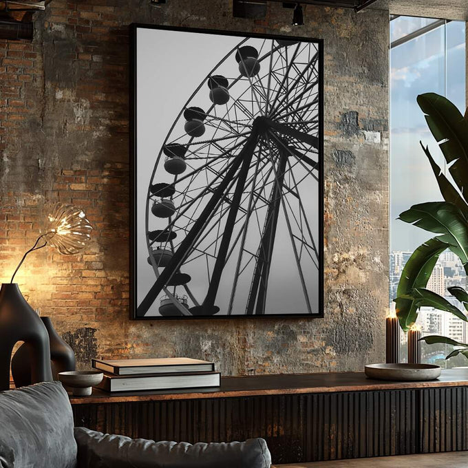 Quadro Decorativo Roda-Gigante Elegante | quadros decorativos para sala | Roda gigante em silhueta preta com estrutura geométrica contra fundo branco | Porao dos Quadros