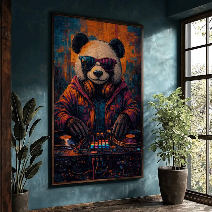 Quadro Decorativo Panda DJ Colorido | quadros decorativos para sala | Panda com óculos de sol e fones de ouvido tocando toca-discos em estilo pop art vibrante | Porao dos Quadros