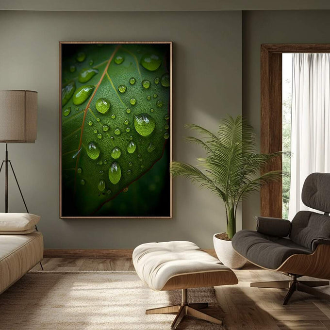Quadro Decorativo Folha Brilhante | quadros decorativos para sala | Folha verde com gotas de orvalho brilhando em composição fotográfica detalhada e natural. | Porao dos Quadros