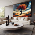 Quadro Decorativo Árvore do Entardecer | quadros decorativos para sala | Árvore de copa vermelha e alaranjada em paisagem desértica com tons azuis e ocre, composição surrealista e dinâmica. | Porao dos Quadros