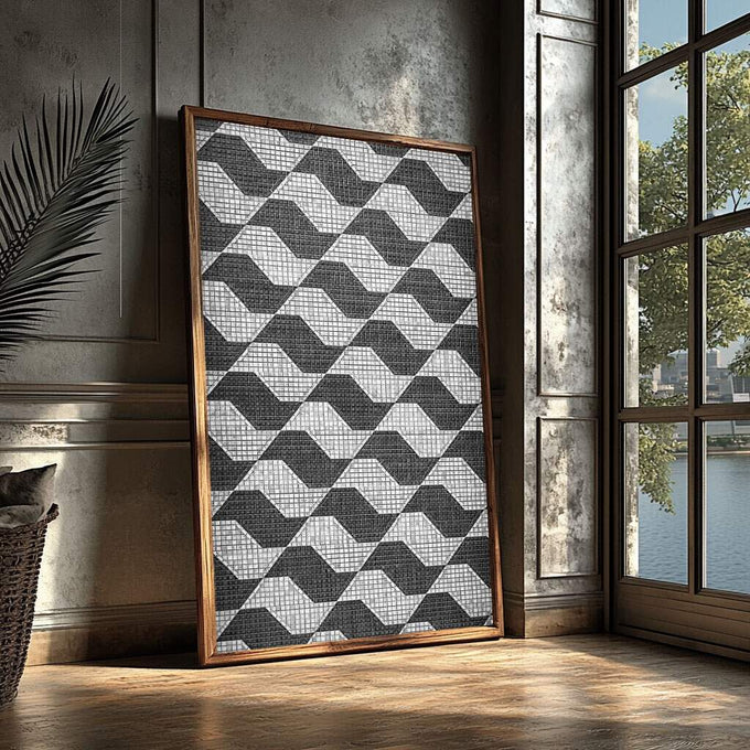Quadro Decorativo Geometria Fluida | quadros decorativos para sala | Padrão geométrico chevron em cinza e branco com textura de malha em moldura de madeira. | Porao dos Quadros