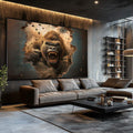 Quadro Decorativo Impactante Ira do Gorila Quebrando a Parede | quadros decorativos para sala | Gorila majestoso em explosão de força com tons dourados e azuis em composição realista dinâmica. | Porao dos Quadros