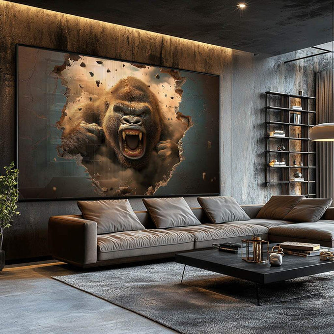 Quadro Decorativo Impactante Ira do Gorila Quebrando a Parede | quadros decorativos para sala | Gorila majestoso em explosão de força com tons dourados e azuis em composição realista dinâmica. | Porao dos Quadros
