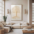 Árvore da vida com galhos e raízes em relevo creme sobre fundo bege texturizado, quadro decorativo
