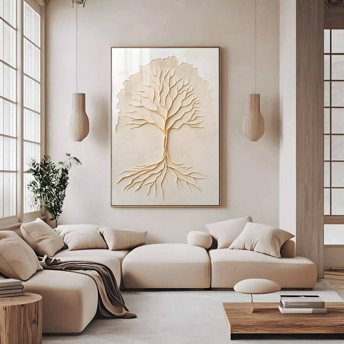 Árvore da vida com galhos e raízes em relevo creme sobre fundo bege texturizado, quadro decorativo
