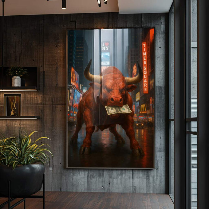 Quadro Decorativo Joyful Bull Vermelho Urbano | quadros decorativos para sala | Touro vermelho com chifres dourados segurando nota de dólar em Times Square urbano. | Porao dos Quadros