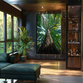 Quadro Decorativo Tronco da Vida com Força | quadros decorativos para sala | Árvore centenária vista de baixo com tronco escuro e copa verde luminosa | Porao dos Quadros