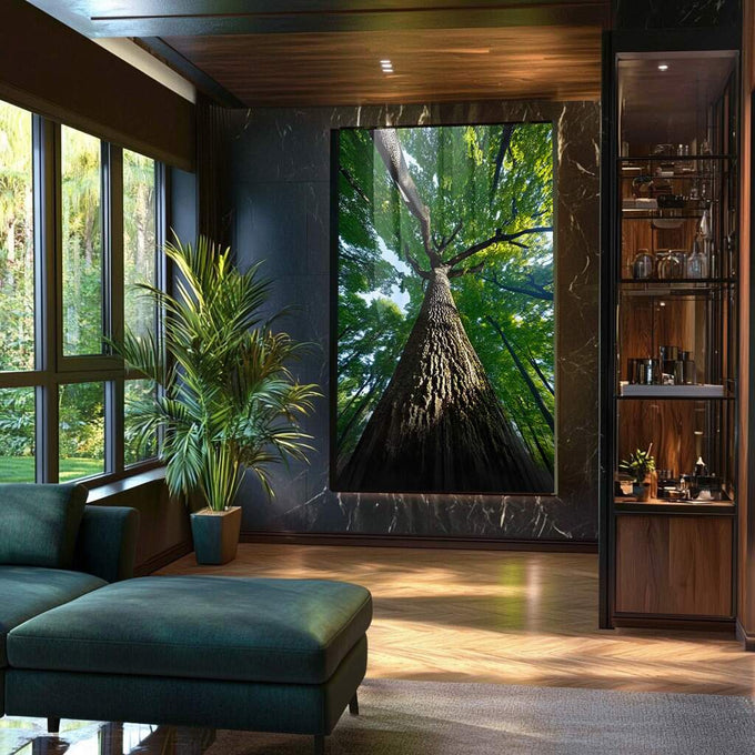 Quadro Decorativo Tronco da Vida com Força | quadros decorativos para sala | Árvore centenária vista de baixo com tronco escuro e copa verde luminosa | Porao dos Quadros