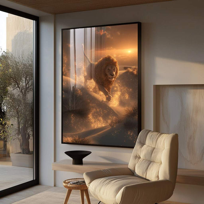 Quadro Decorativo Leão Majestoso e Poderoso | quadros decorativos para sala | Leão majestoso em tons dourados e marrom envolvido em luz mágica ao amanhecer | Porao dos Quadros