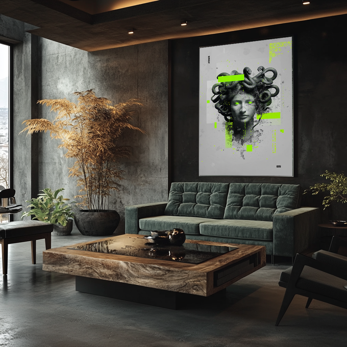 Quadro Decorativo Medusa Moderna | quadros decorativos para sala | Medusa clássica em preto e cinza com serpentes e detalhes em verde neon fluorescente | Porao dos Quadros