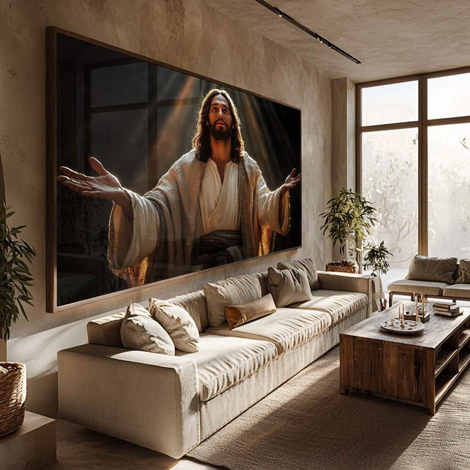 Quadro Decorativo 'Acolhimento Divino' - Arte que Transmite Paz e Esperança | quadros decorativos para sala | Figura divina em vestes brancas com iluminação dourada dramaticamente capturada | Porao dos Quadros