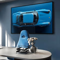 Porsche clássico azul visto de cima em fundo azul profundo com cromados, quadro decorativo