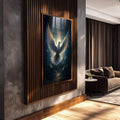 Quadro Decorativo Pomba da Liberdade Celestial | quadros decorativos para sala | Pomba branca luminosa com asas radiantes em tons azuis profundos e luz celestial dourada | Porao dos Quadros