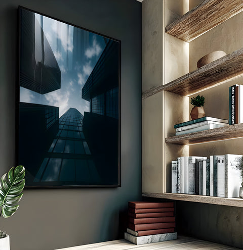 Arranha-céus espelhados vistos de baixo convergindo para o céu azul com nuvens, quadro decorativo