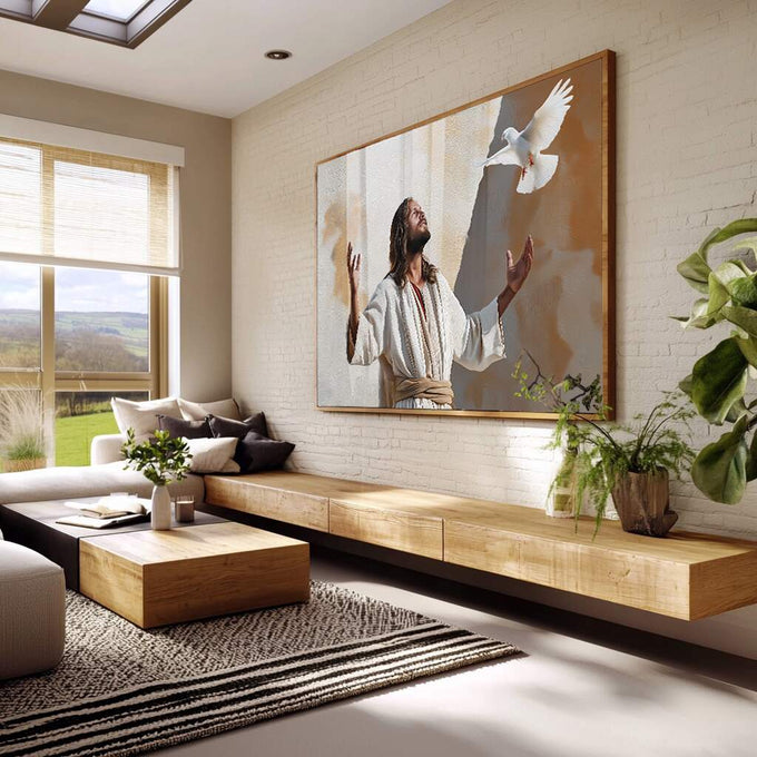 Quadro Decorativo Espiritual de Serenidade e Acolhimento | quadros decorativos para sala | Figura religiosa em vestes claras com pomba branca ascendendo em tons bege e branco. | Porao dos Quadros