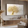 Quadro Decorativo Árvore Dourada | quadros decorativos para sala | Árvore com tronco dourado e folhas em relevo branco em composição majestosa | Porao dos Quadros