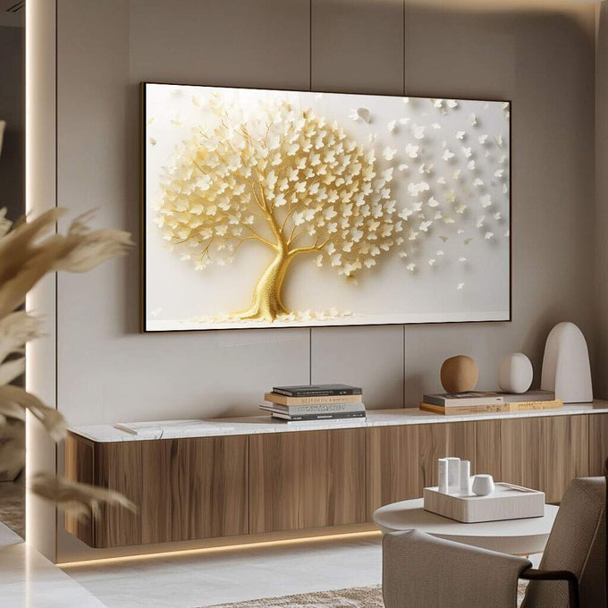 Quadro Decorativo Árvore Dourada | quadros decorativos para sala | Árvore com tronco dourado e folhas em relevo branco em composição majestosa | Porao dos Quadros